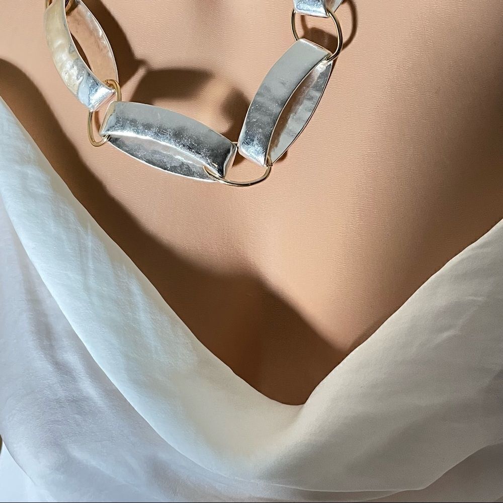 BCBG Sz L White Gauzy Light Chiffon Spaghetti Straps Cowl Neck Beautiful Top New - Picture 3 of 13